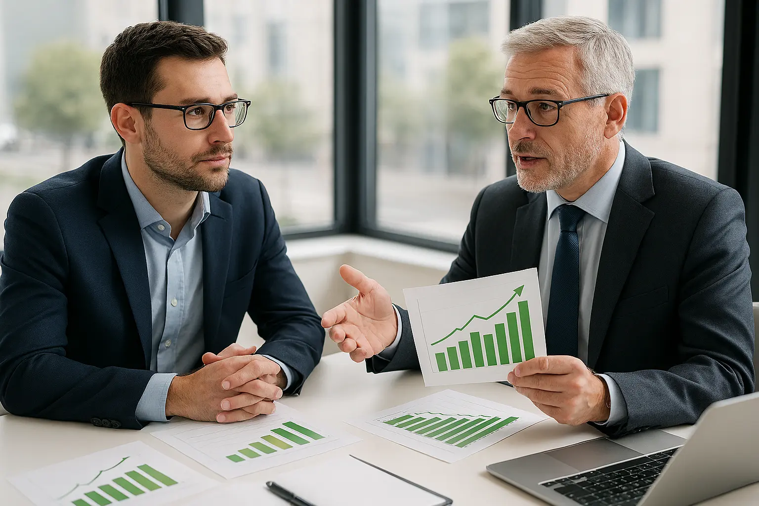 Discuție profesională între consultant IT și client business, cu grafice verzi ascendente pe documente, reprezentând analiza nevoilor și creșterea performanței.