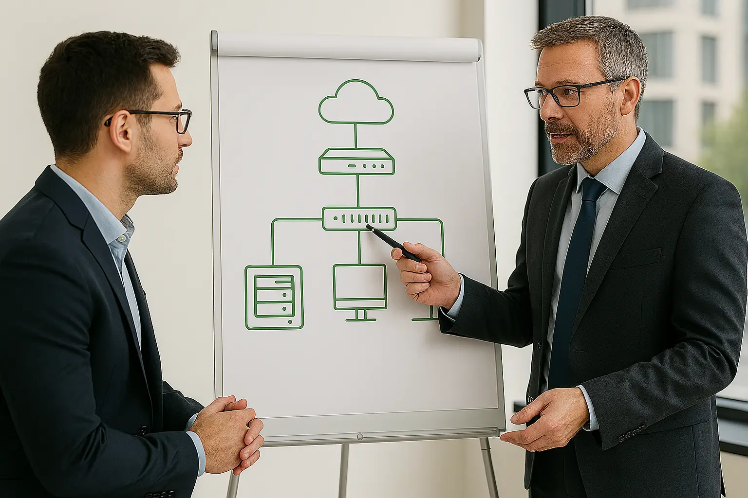 Consultant IT explicând unei companii o soluție optimă de infrastructură, folosind o schemă de rețea desenată pe flipchart într-un mediu profesional.