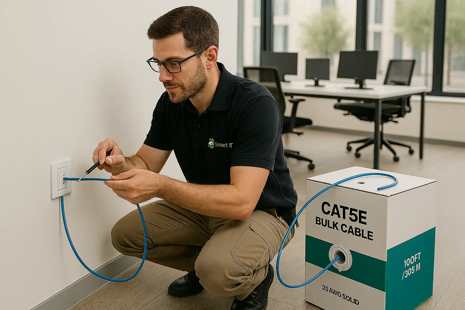 Tehnician RS Smart IT care instalează și cablează o priză de rețea într-un birou organizat, folosind cablu CAT5e din cutie, într-un proces profesional și curat de cablare structurată.