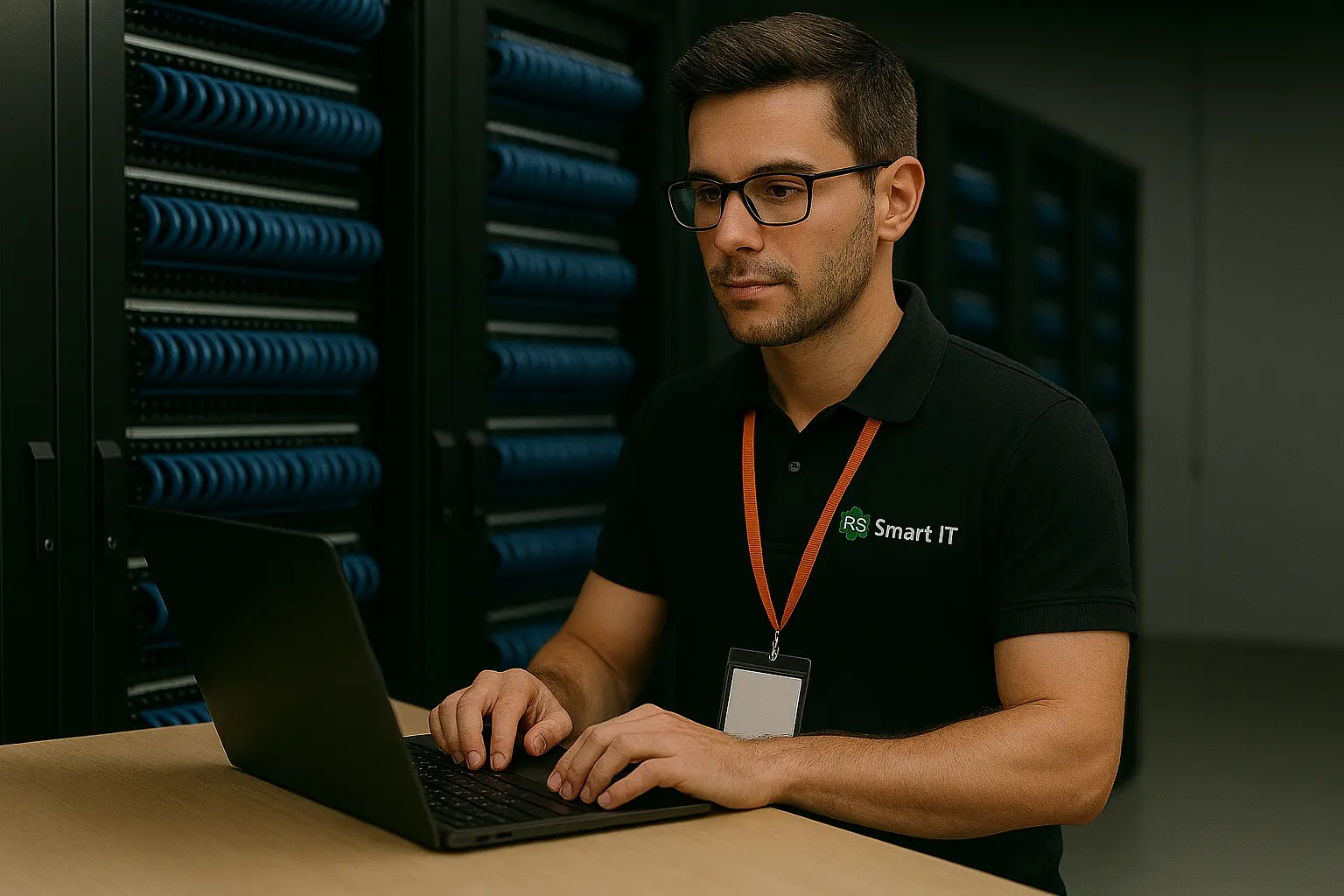 Tehnician RS Smart IT lucrând pe laptop într-o cameră de servere bine organizată, asigurând monitorizare, suport și mentenanță proactivă pentru infrastructura de rețea.