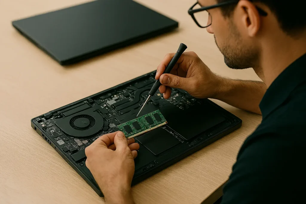 Tehnician IT efectuând o intervenție hardware pe un laptop deschis, analizând și montând un modul de memorie RAM pe placa de bază.