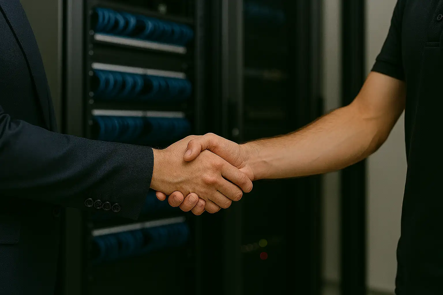 Două mâini strângându‑se în semn de semnare a unui contract IT, cu rack‑uri și echipamente de rețea în fundal, sugerând parteneriat profesional și infrastructură tehnică.