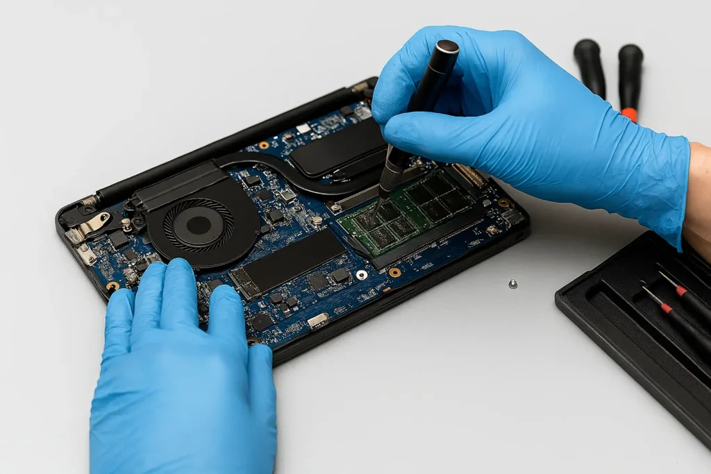 Curățare profesională a memoriei RAM și a plăcii de bază la laptop, service RS SMART IT în județul Hunedoara