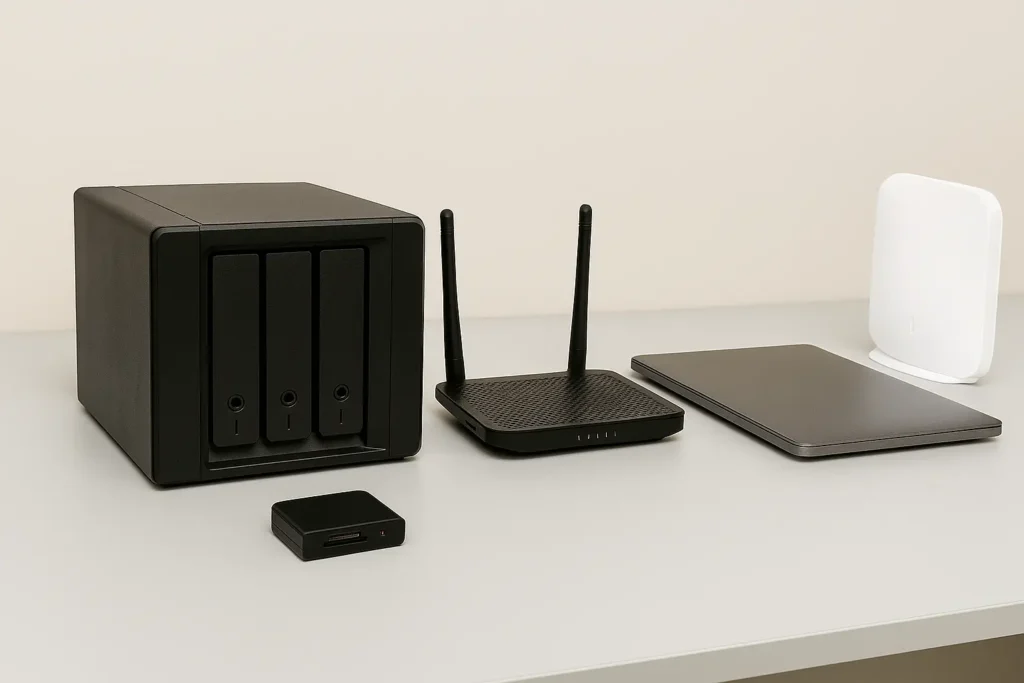 Echipamente IT pe birou – NAS, router wireless, access point, laptop și cititor de carduri pregătite pentru instalare și configurare de către RS SMART IT în Orăștie, Deva și Simeria