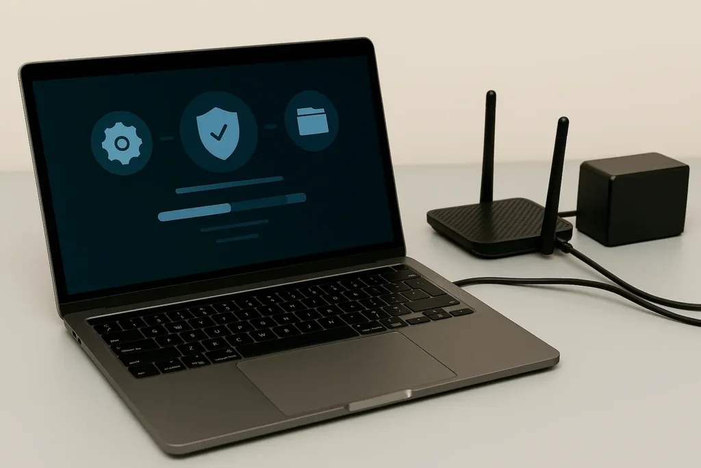 Laptop cu interfață de configurare și echipamente IT precum router și NAS pe birou, imagine reprezentativă pentru servicii de instalare și configurare oferite de RS SMART IT în Orăștie, Deva și Simeria