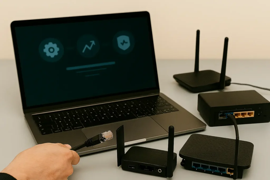 Laptop cu interfață de configurare și echipamente de rețea precum routere, access point și NAS pe birou, pregătite pentru evaluare și optimizare IT de către RS SMART IT în Orăștie, Deva și Simeria