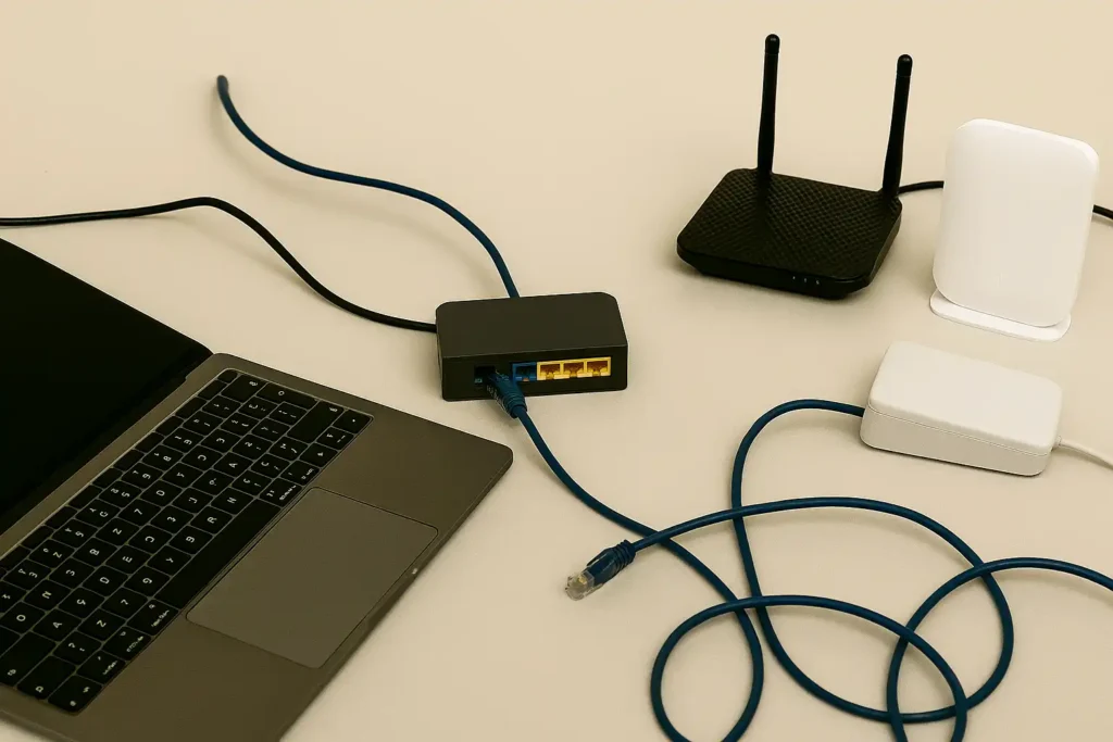 Laptop conectat la switch, router și access point prin cabluri de rețea, reprezentând optimizarea fluxului și configurarea echipamentelor IT realizată de RS SMART IT în Orăștie, Deva și Simeria