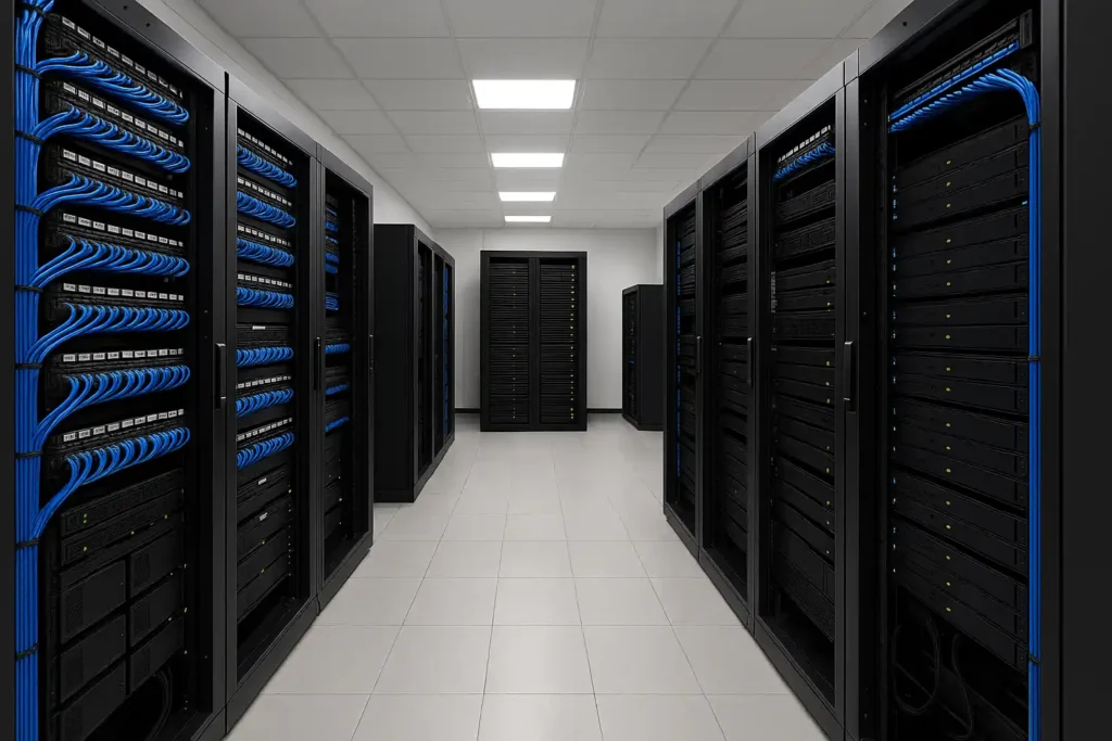 Server room curat și organizat, cu rack‑uri multiple și cablare structurată profesional