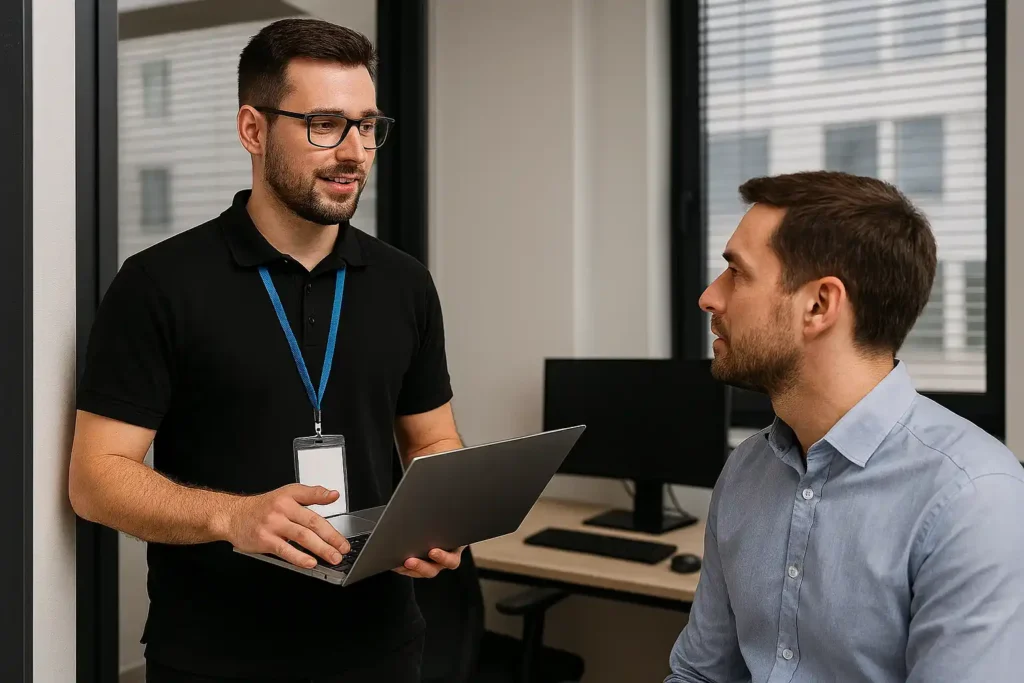 Tehnician IT sosit la sediul clientului, discutând despre o problemă tehnică și evaluând situația