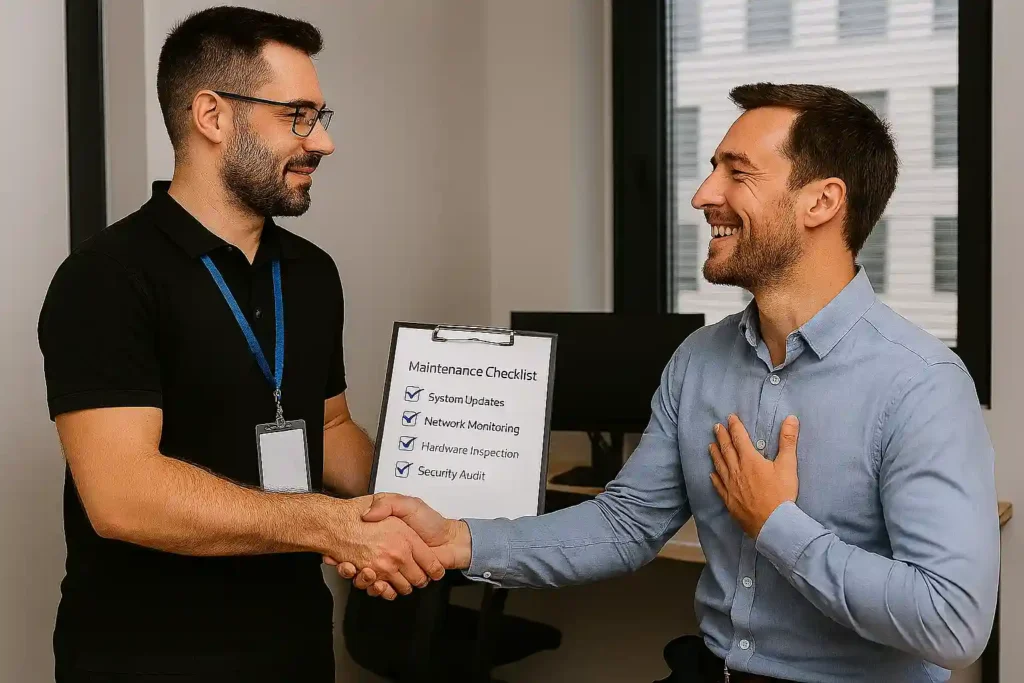 Client mulțumit care dă mâna cu un tehnician IT după finalizarea cu succes a serviciilor de mentenanță