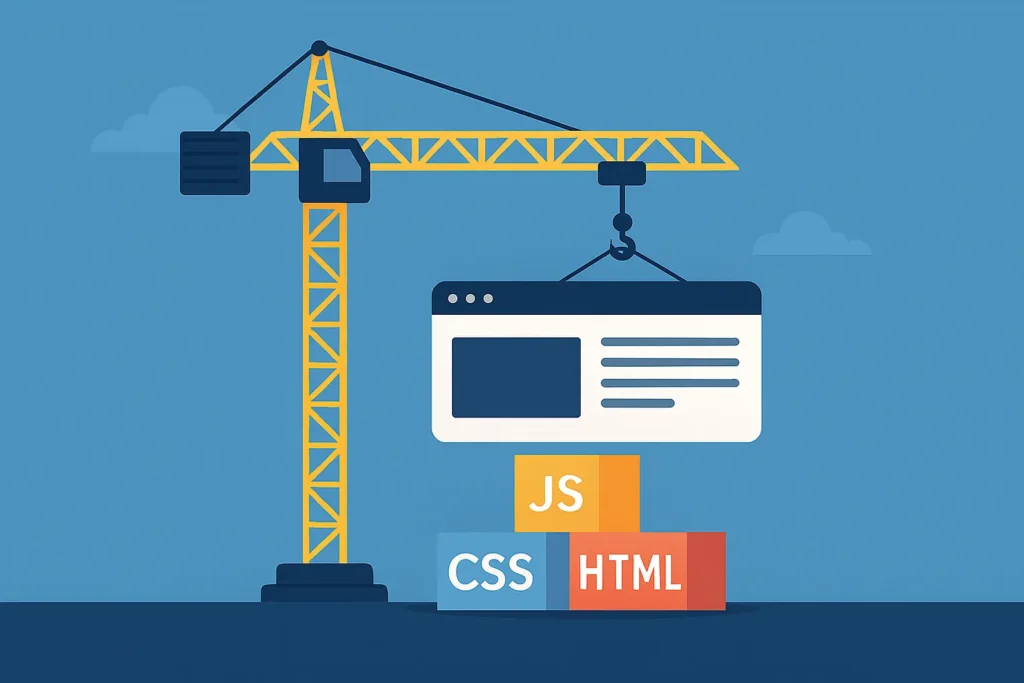 Macara care ridică o interfață web peste blocuri marcate CSS, HTML și JS, simbolizând construcția unui website