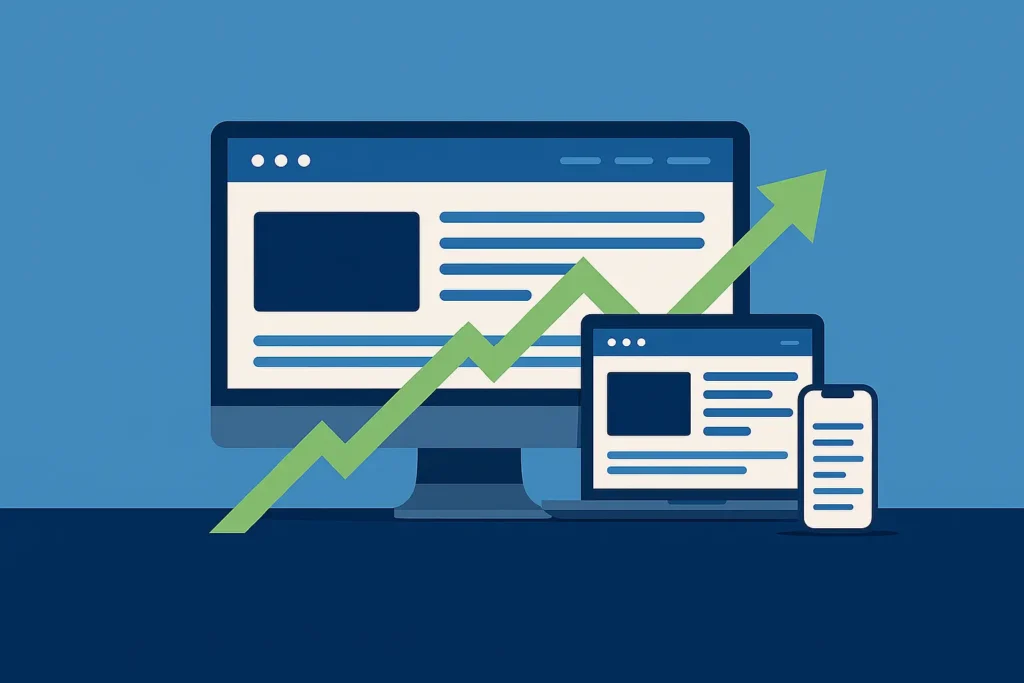 Website afișat pe mai multe dispozitive, cu o săgeată verde ascendentă care simbolizează creșterea vânzărilor și a performanței online