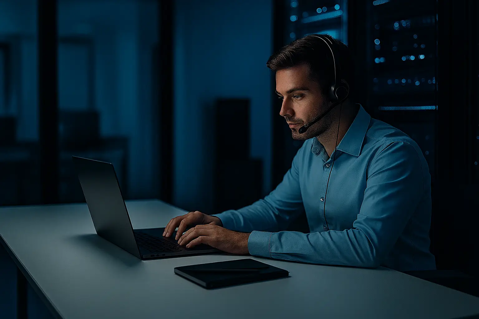 Specialist IT asistând un utilizator la computer în timpul unei intervenții de suport tehnic