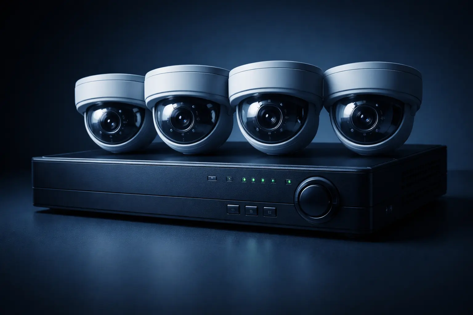Patru camere de supraveghere dome montate pe un DVR negru, într-un decor modern cu lumină albastră.