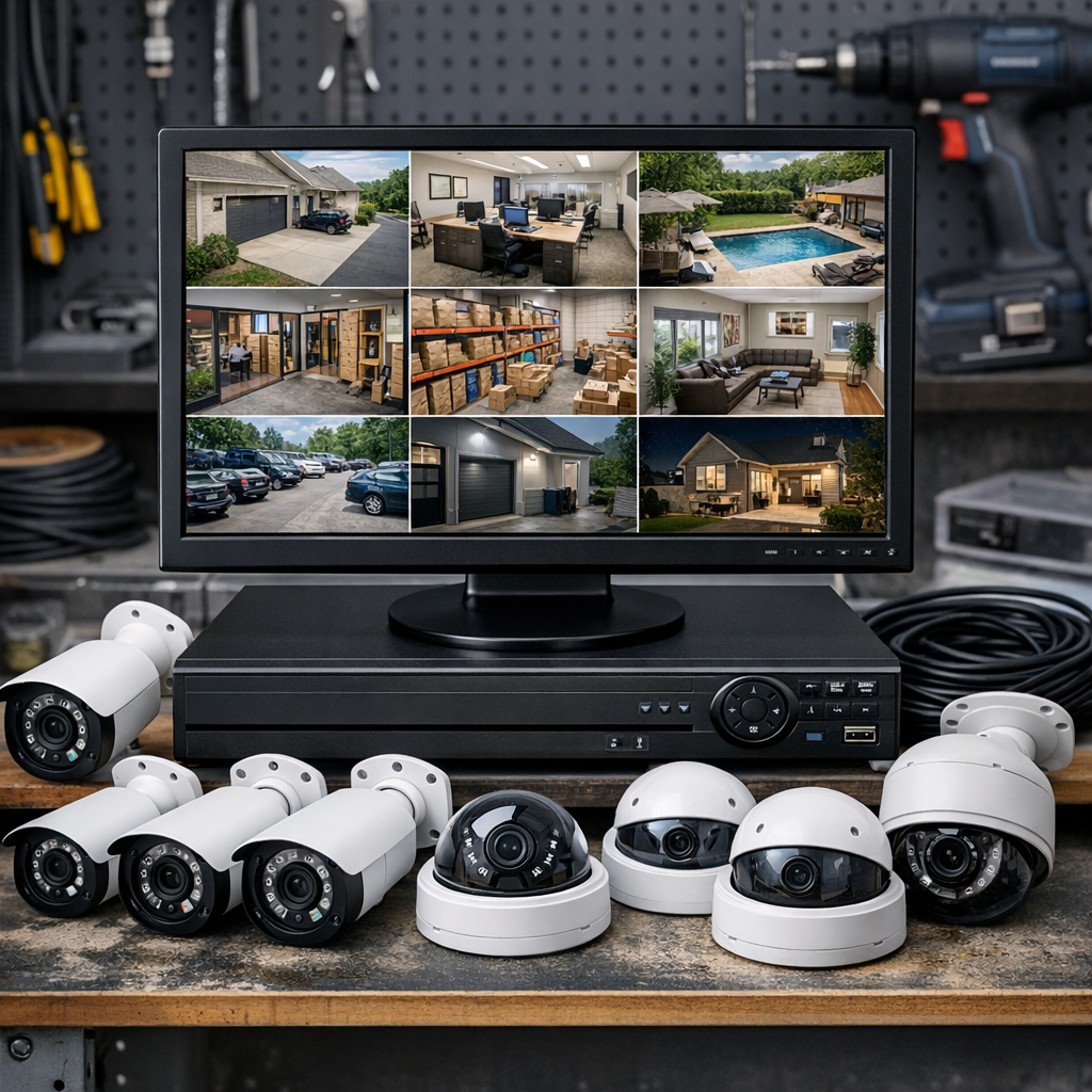 Sistem de supraveghere video complet cu NVR, opt camere CCTV tip bullet și dome, prezentat pe banc de lucru, cu monitor afișând imaginile tuturor camerelor.