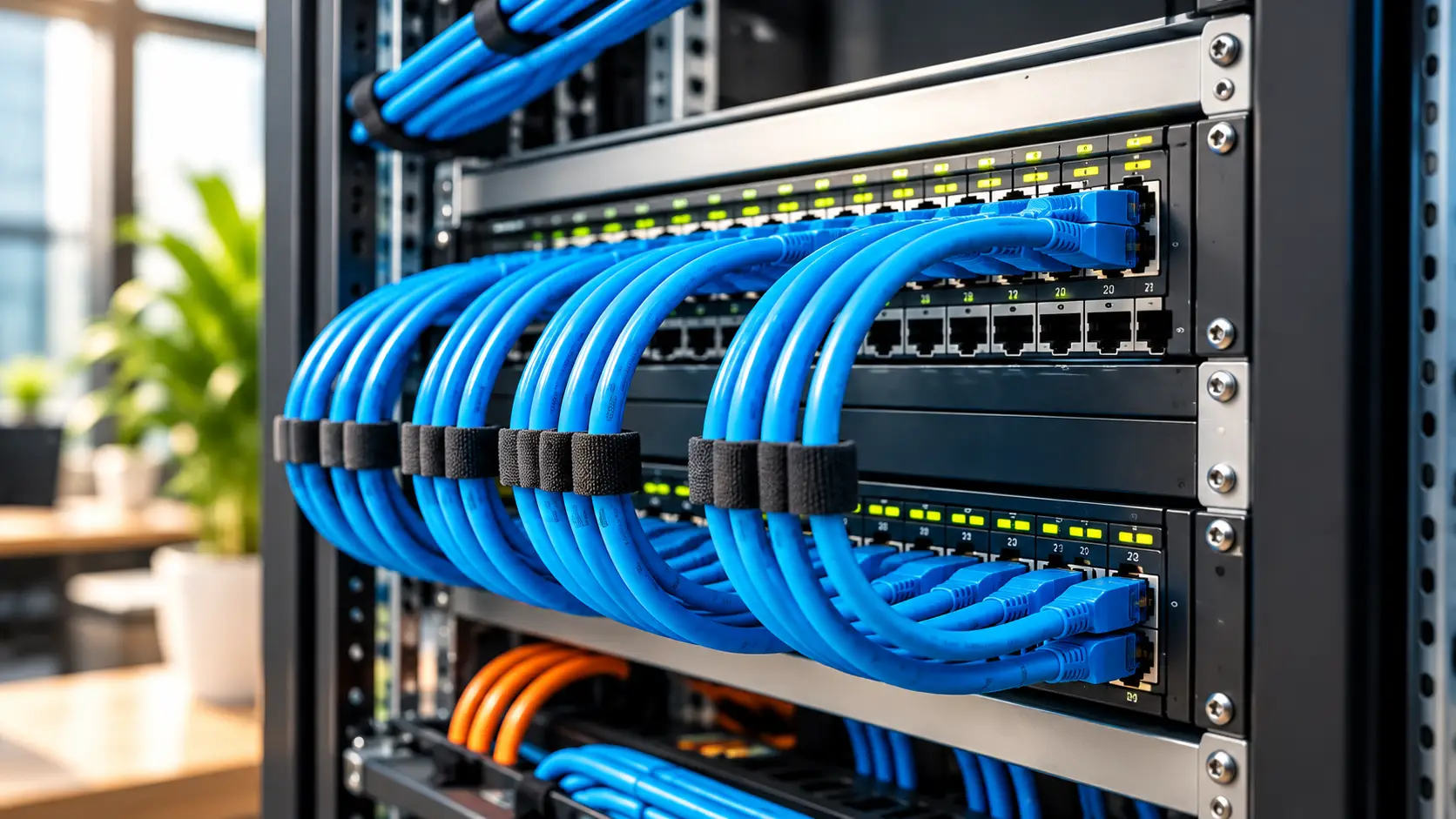 Rack de rețea cu cablare structurată și cabluri Ethernet